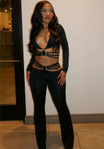 Autumn Fashion Solid Color Elastic Slim Sexy Lace-Up Crop Top Trousers Set