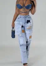 Women's Fashion Casual Printed Patchwork Ripped Denim Pants Straight Trousers