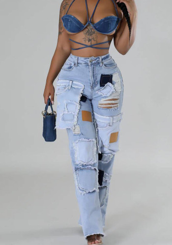 Women's Fashion Casual Printed Patchwork Ripped Denim Pants Straight Trousers