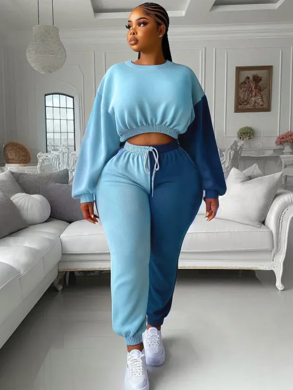 Women's Autumn Winter Casual Round Neck Long Sleeve Top Elastic Waist Drawstring Pants Contrast Color Sports Two Piece Tracksuit