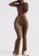 Women's Fall Leopard Print Round Neck Crop Long Sleeve Top High Waist Pants Two-Piece Set