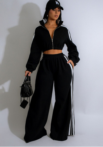 Women Autumn Striped Zipper Casual Top and Pant Set