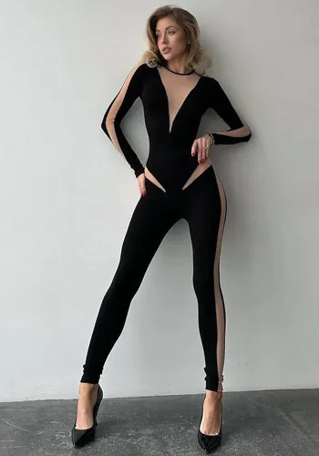 Autumn Women Fashion Sexy See-Through Round Neck Long Sleeve High Waist Slim Jumpsuit