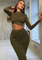Solid Color Round Neck Irregular Long Sleeve Crop Top Slim Long Skirt Two Piece Set
