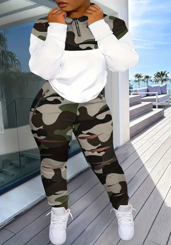 Fashion Sport Contrast Color Zipper Top Ripped Pants Two Piece Set