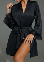 Satin Bathrobe Nightgown Pajamas Women's Mesh Polka Dot Patchwork Home Clothes