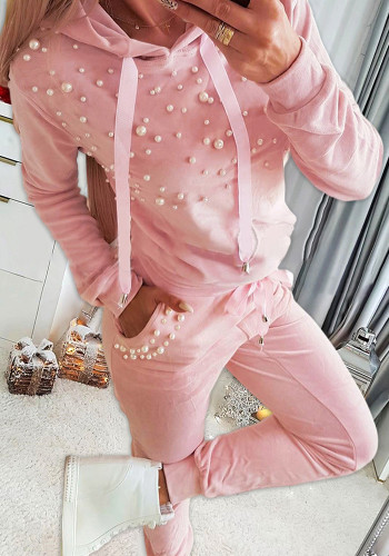 Women Pink Bubble Bead Top and Pant Casual Two-Piece Set