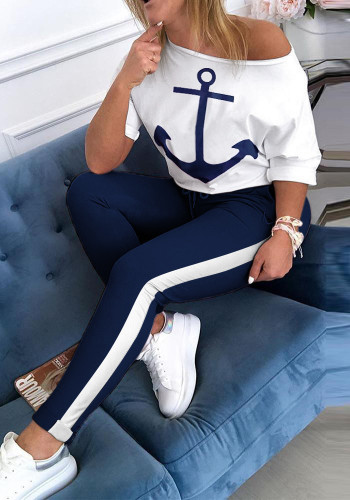 Women Navy Anchor Print Short Sleeve T-Shirt And Pants 2-Piece Set