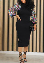 Women Sequin Patchwork Long Sleeve Dress