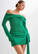 Women Knitting Off Shoulder Irregular Lace-Up Sweater Dress
