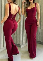 Women Red Sexy Suspender Lace-Up Bell Bottom Jumpsuit