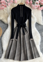Women French long-sleeved knitting Stand Collar Maxi dress