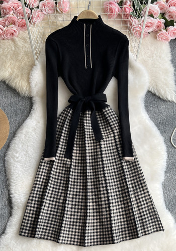 Women French long-sleeved knitting Stand Collar Maxi dress