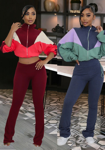Women Contrast Color Long Sleeve Top and Pants Two-Piece Set