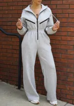 Women Career Solid Hooded Drawstring Zipper Patchwork Jumpsuit