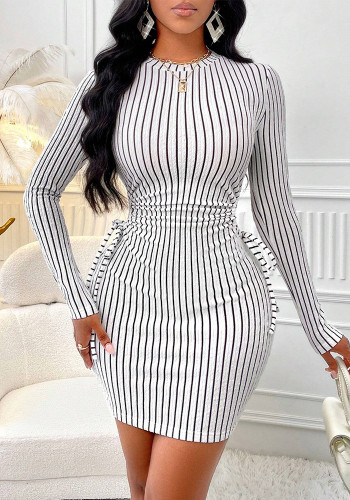 Women Long Sleeve Sexy Open Waist Lace-Up Striped Bodycon Dress