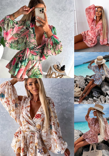 Women Fall Floral Long Sleeve Shorts V-neck Tropical Rainforest Jumpsuit