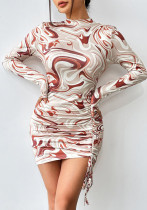 Women Drawstring Pleated Print Round Neck Sexy Long Sleeve Dress