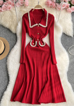 Women contrasting long-sleeved Peter Pan Collar Maxi dress