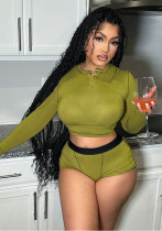 Women Round Neck Long Sleeve Crop Top and Shorts 2-Piece Set