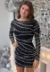 Women Sexy Round Neck Long Sleeve Beaded Backless Bodycon Dress