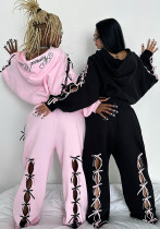 Women Casual Hollow Letter Hoodies Sweatpants Two-piece Set
