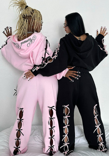Women Casual Hollow Letter Hoodies Sweatpants Two-piece Set