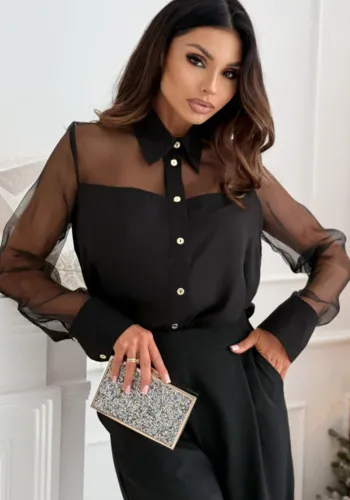 Women Elegant Solid Turndown Collar Long Sleeve Mesh Patchwork Shirt