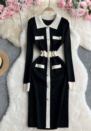 Women contrasting long-sleeved Knitting dress