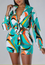 Women Long Sleeve Print Top and Shorts 2-Piece Set