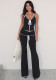 Women black and white contrast Lace-Up V-neck Halter Neck Top and Lace-Up Pants Two Piece