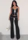 Women black and white contrast Lace-Up V-neck Halter Neck Top and Lace-Up Pants Two Piece
