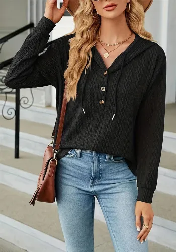Women Solid hooded button long-sleeved Top