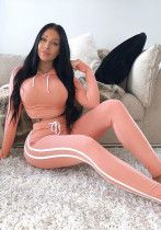Women Striped Stretchy Hooded Drawstring Top Long Pants Two-piece Set