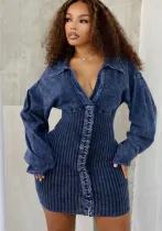 Deep V Women's Slim Patchwork Long Sleeve Denim Dress