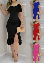 Summer Tight Fitting Ruffle Slit Pearl Decoration Women Dress