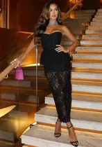 Winter Women's Chic Elegant Strapless Lace Patchwork Fake Two-Piece Dress