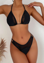 Sexy Lace-Up Swimsuit Women Low Back Solid Color Lace Patchwork Bikini