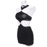 Autumn Hollow Low Back Halter Neck Metal Decoration Women Short Dress