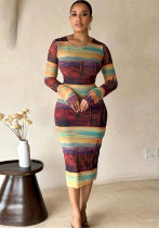 Fashion Holidays Round Neck Printed Long Sleeve Street Trend Slim Bodycon Women Dress