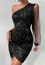 Women's Slash Shoulder Sequin Mesh Long Sleeve Dress