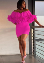 Sexy Off Shoulder Feather Elastic Bodycon Slim Dress