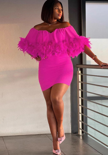 Sexy Off Shoulder Feather Elastic Bodycon Slim Dress