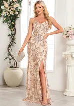 Sleeveless Spaghetti Strap Sequin Party Dress Mermaid Side Slit Prom Gown Bridesmaid Dress