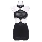 Autumn Hollow Low Back Halter Neck Metal Decoration Women Short Dress
