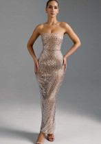 Women's Fashion Beaded Sexy Strapless Tight Fitting Bodycon Slim Long Dress