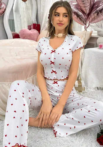 Women Casual Heart Print wave edge short sleeve Top and trousers Pajama two-piece set