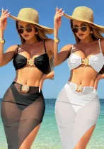 Women sexy solid mesh long skirt swimwear three-piece