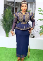 Africa Plus Size Women Beaded Top + Skirt Two-piece Set