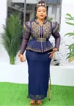 Africa Plus Size Women Beaded Top + Skirt Two-piece Set